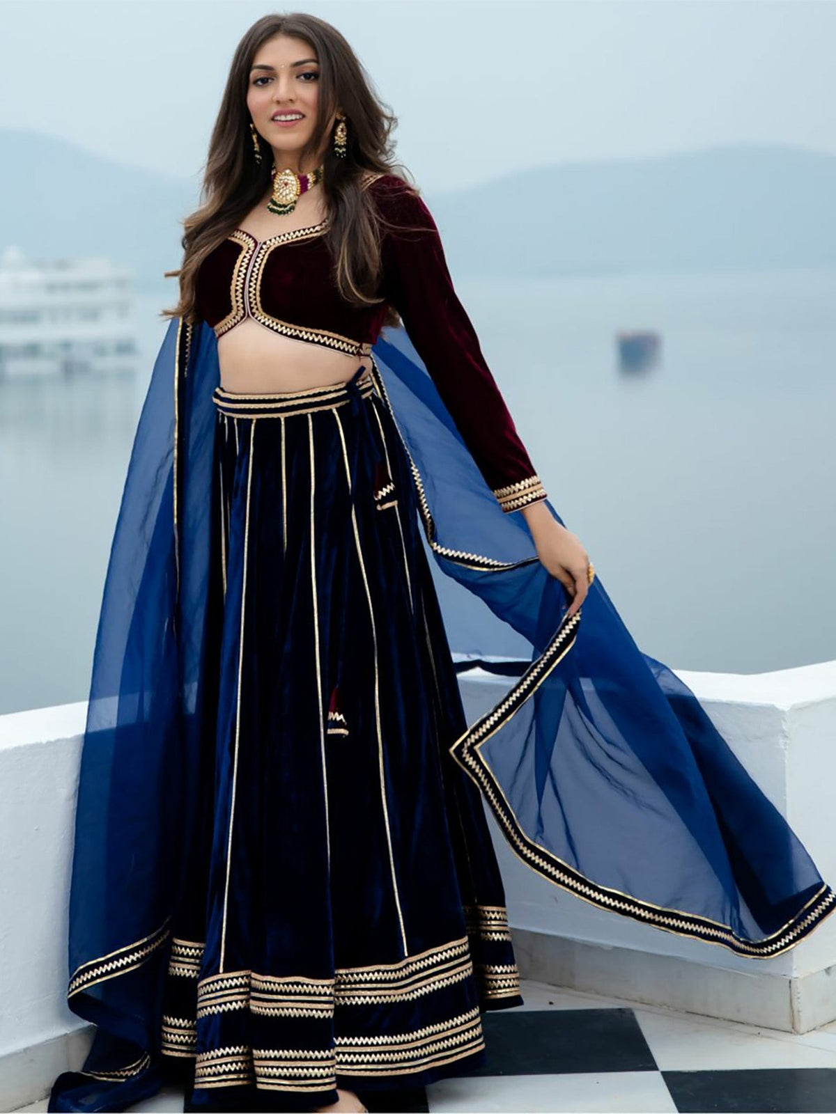 Wine and Blue Velvet Lehenga Set