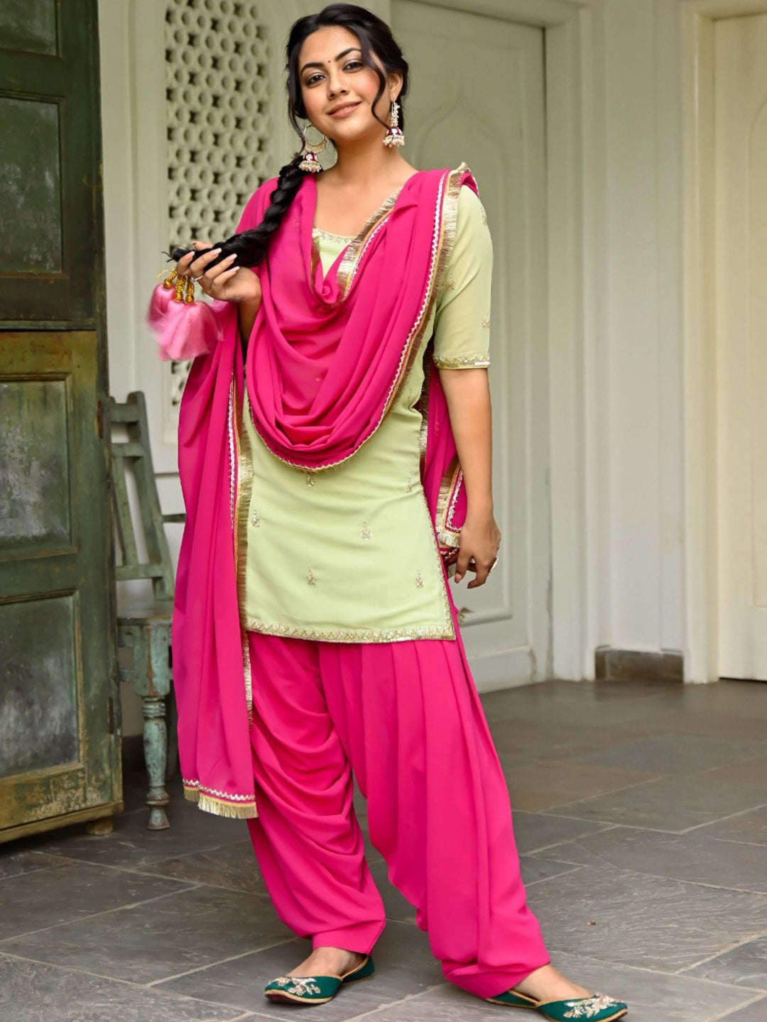 Green And Pink Kurta Patiala Set