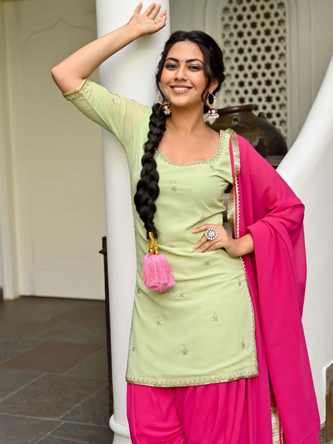 Green And Pink Kurta Patiala Set