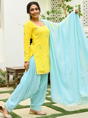 Yellow and Blue Kurta and Patiala Set