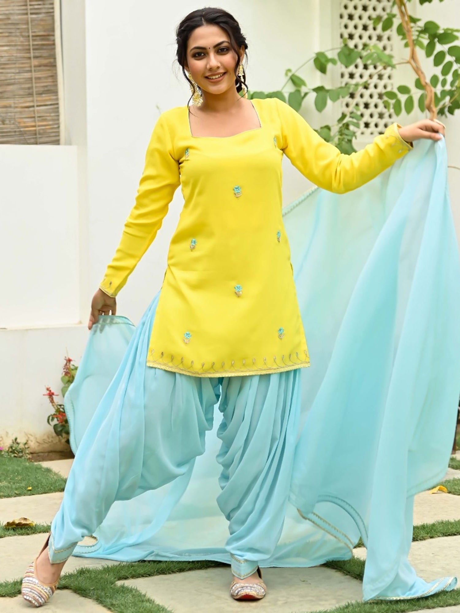 Yellow and Blue Kurta and Patiala Set