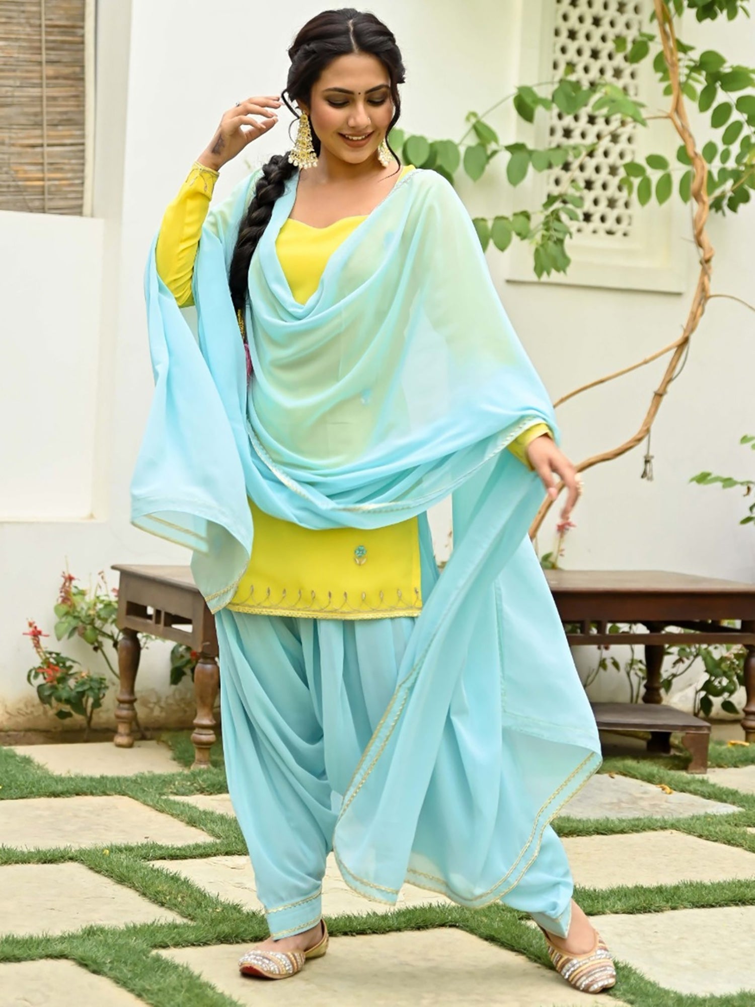 Yellow and Blue Kurta and Patiala Set