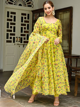 Yellow Printed Organza Anarkali Set