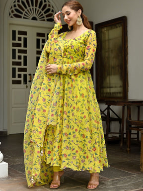 Yellow Printed Organza Anarkali Set