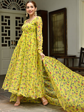 Yellow Printed Organza Anarkali Set