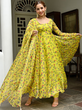 Yellow Printed Organza Anarkali Set