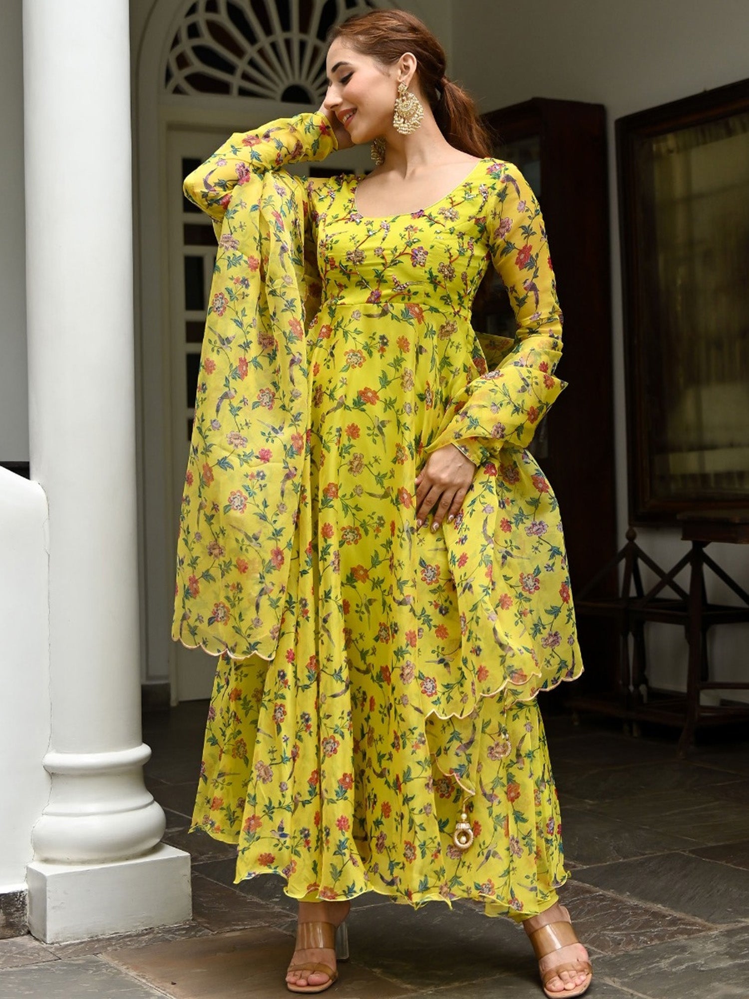 Yellow Printed Organza Anarkali Set