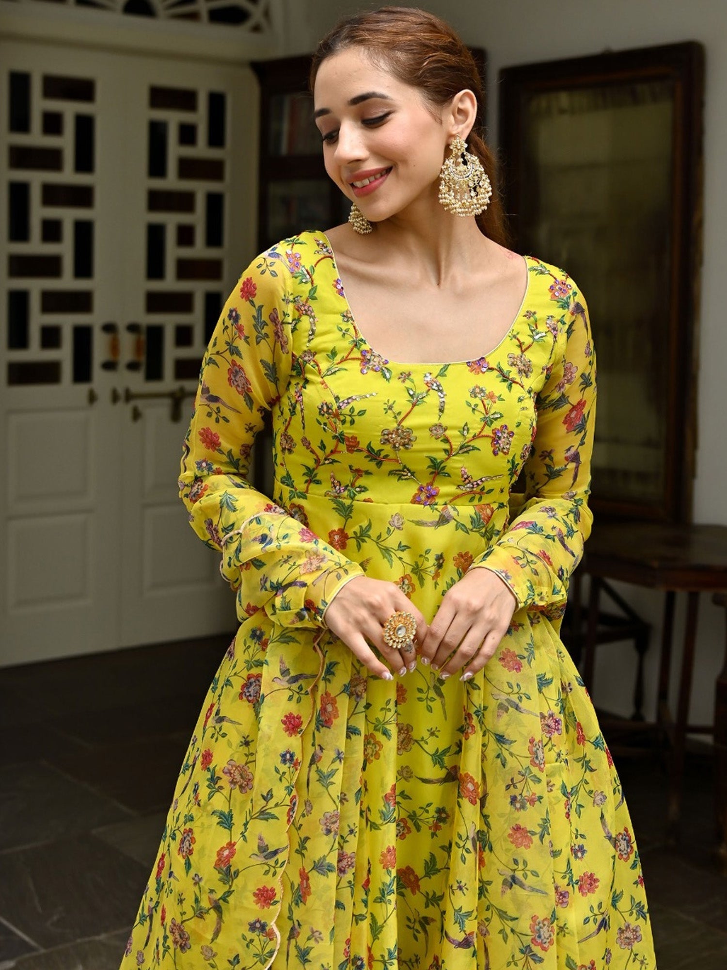 Yellow Printed Organza Anarkali Set