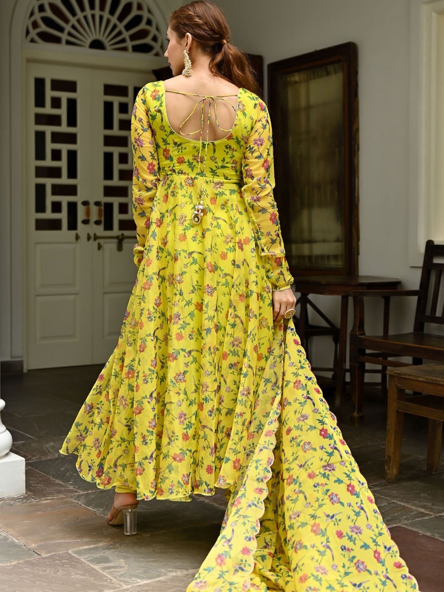 Yellow Printed Organza Anarkali Set