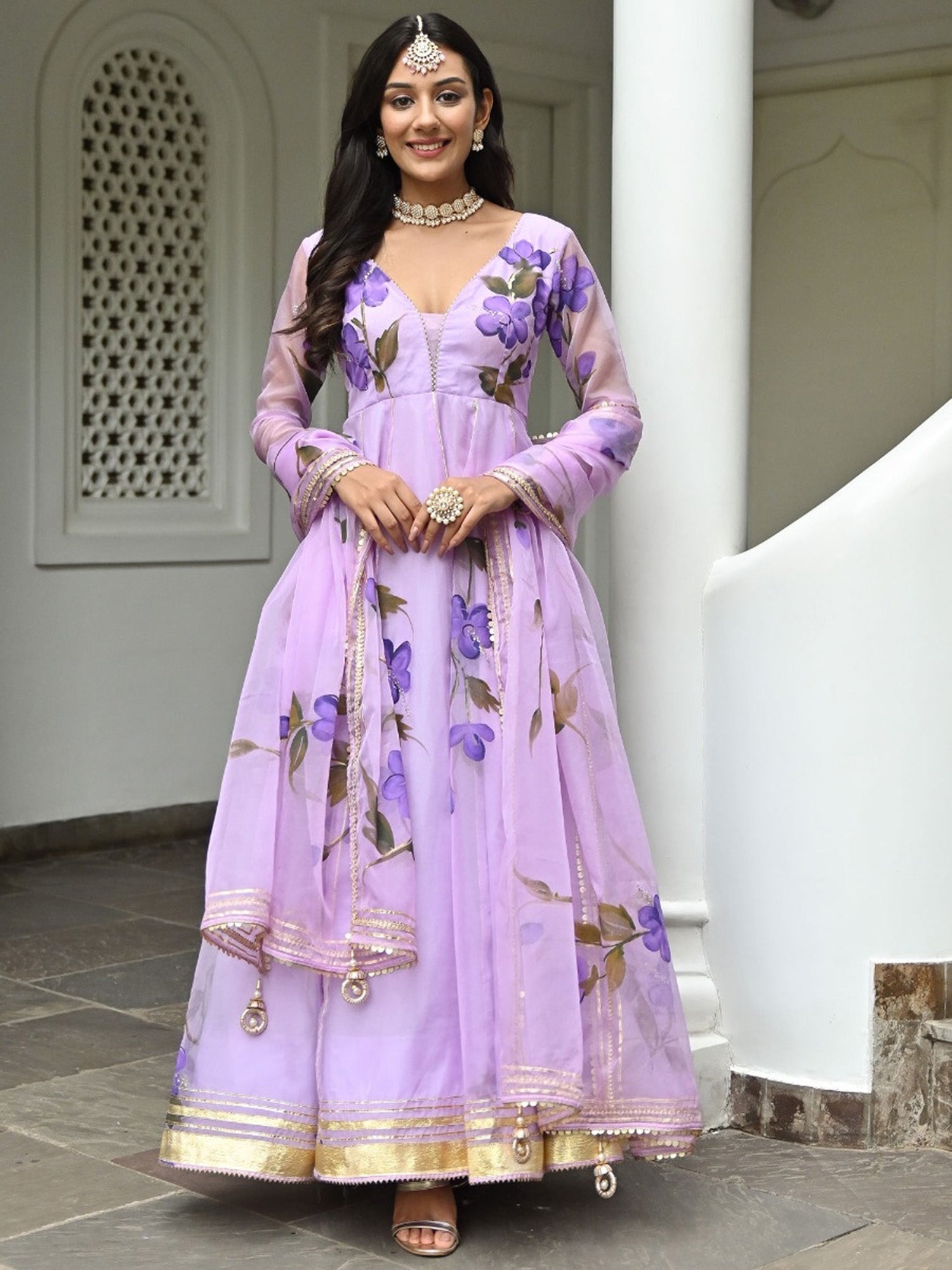 Purple Hand Paint Anarkali Set