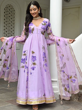 Purple Hand Paint Anarkali Set