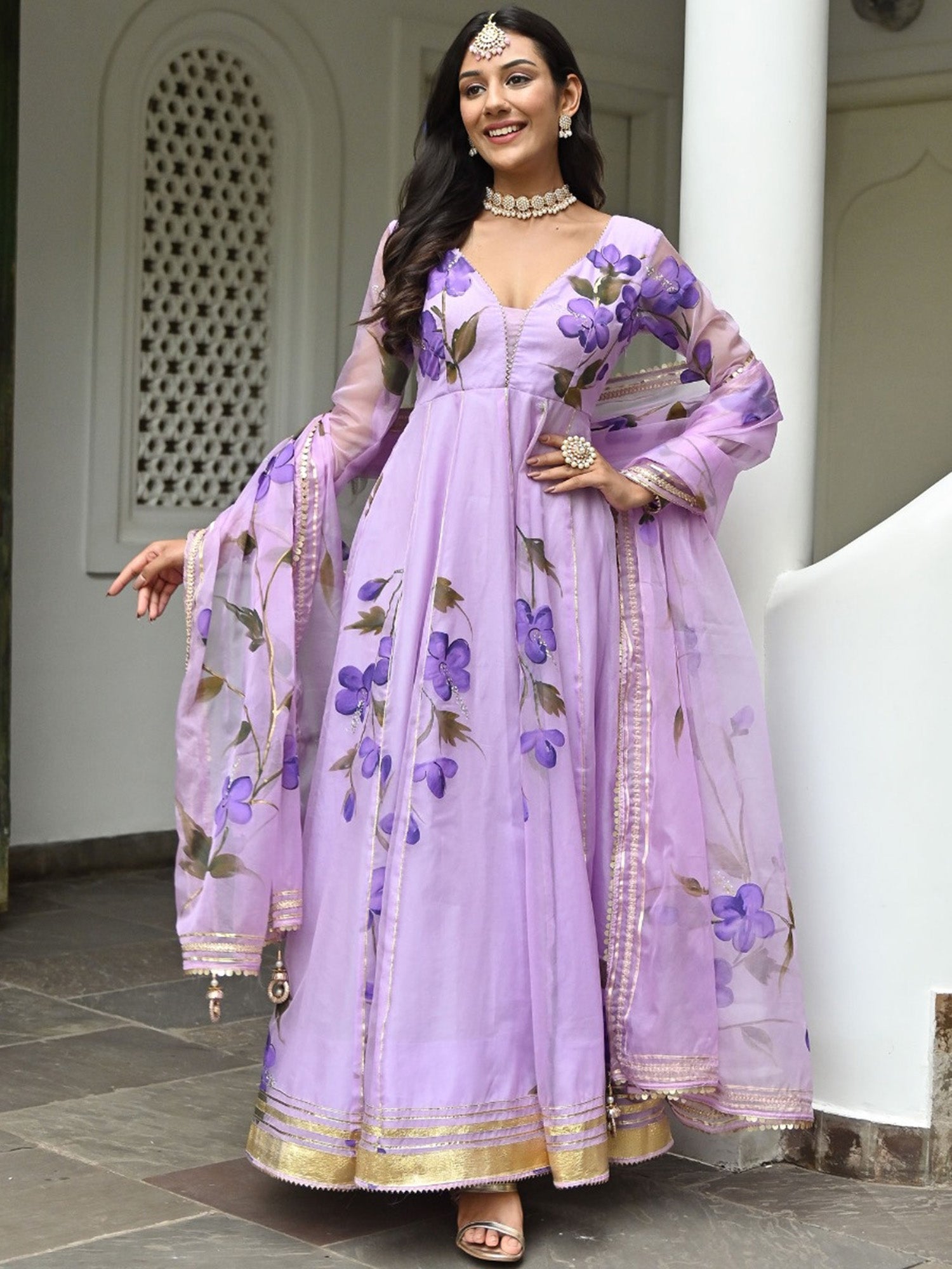 Purple Hand Paint Anarkali Set