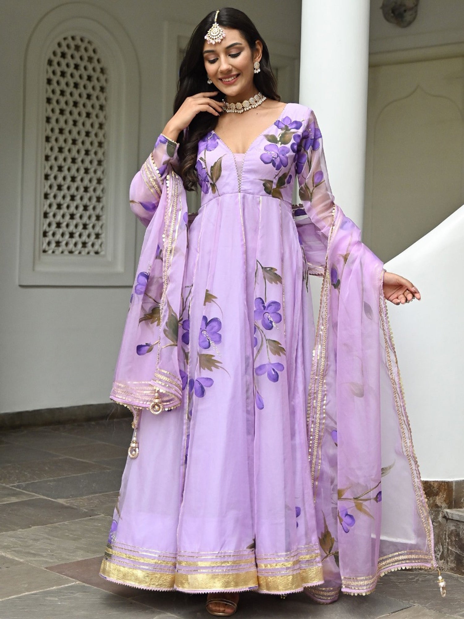 Purple Hand Paint Anarkali Set