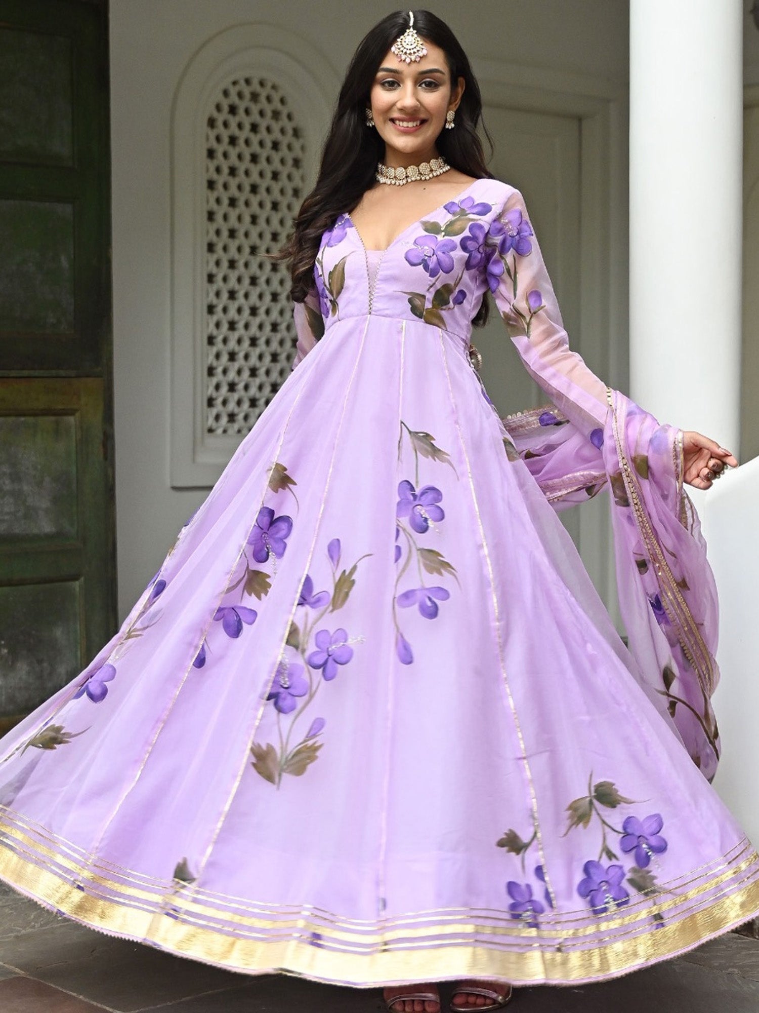 Purple Hand Paint Anarkali Set