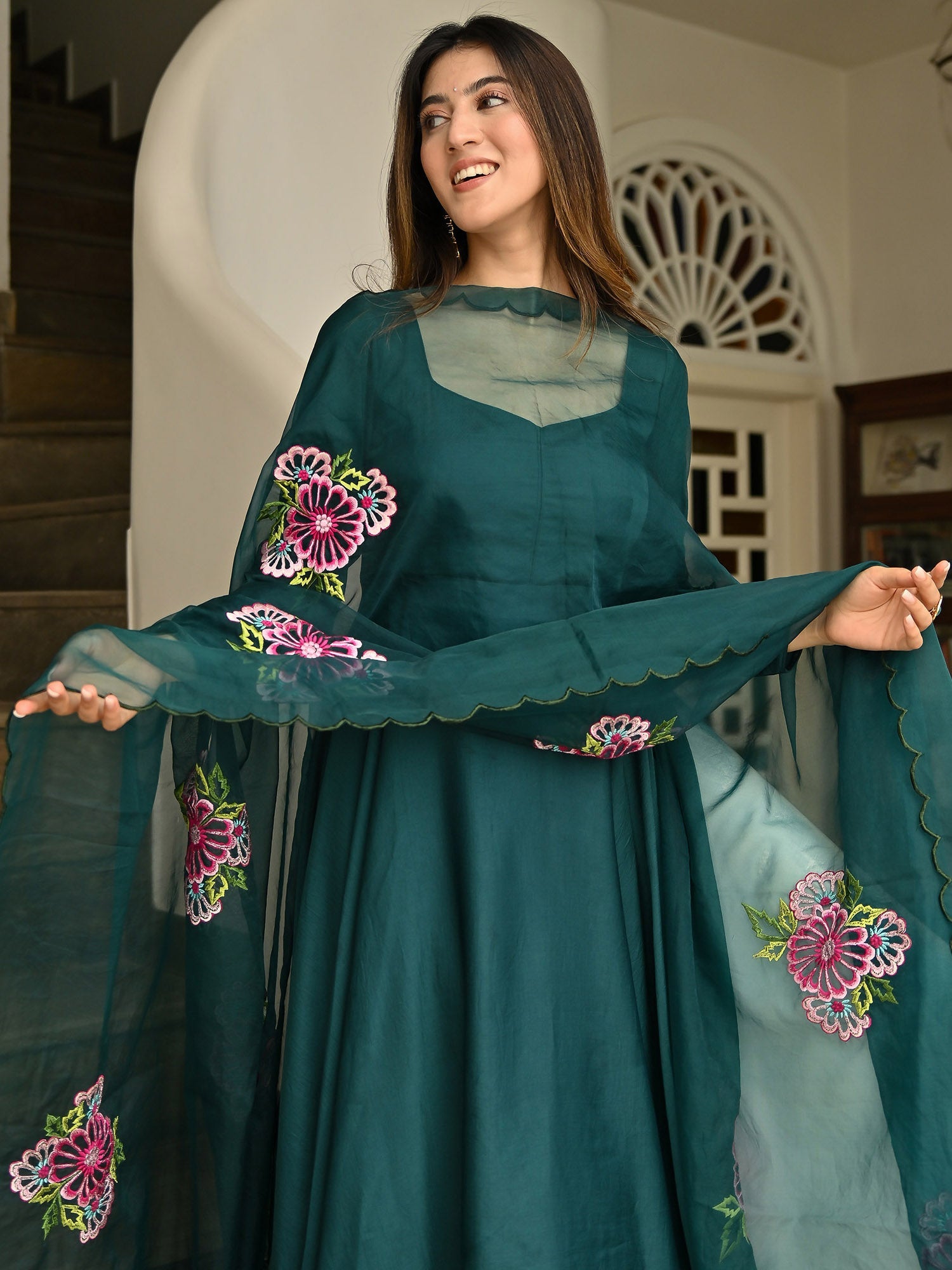 Green Anarkali Embroidered Dupatta