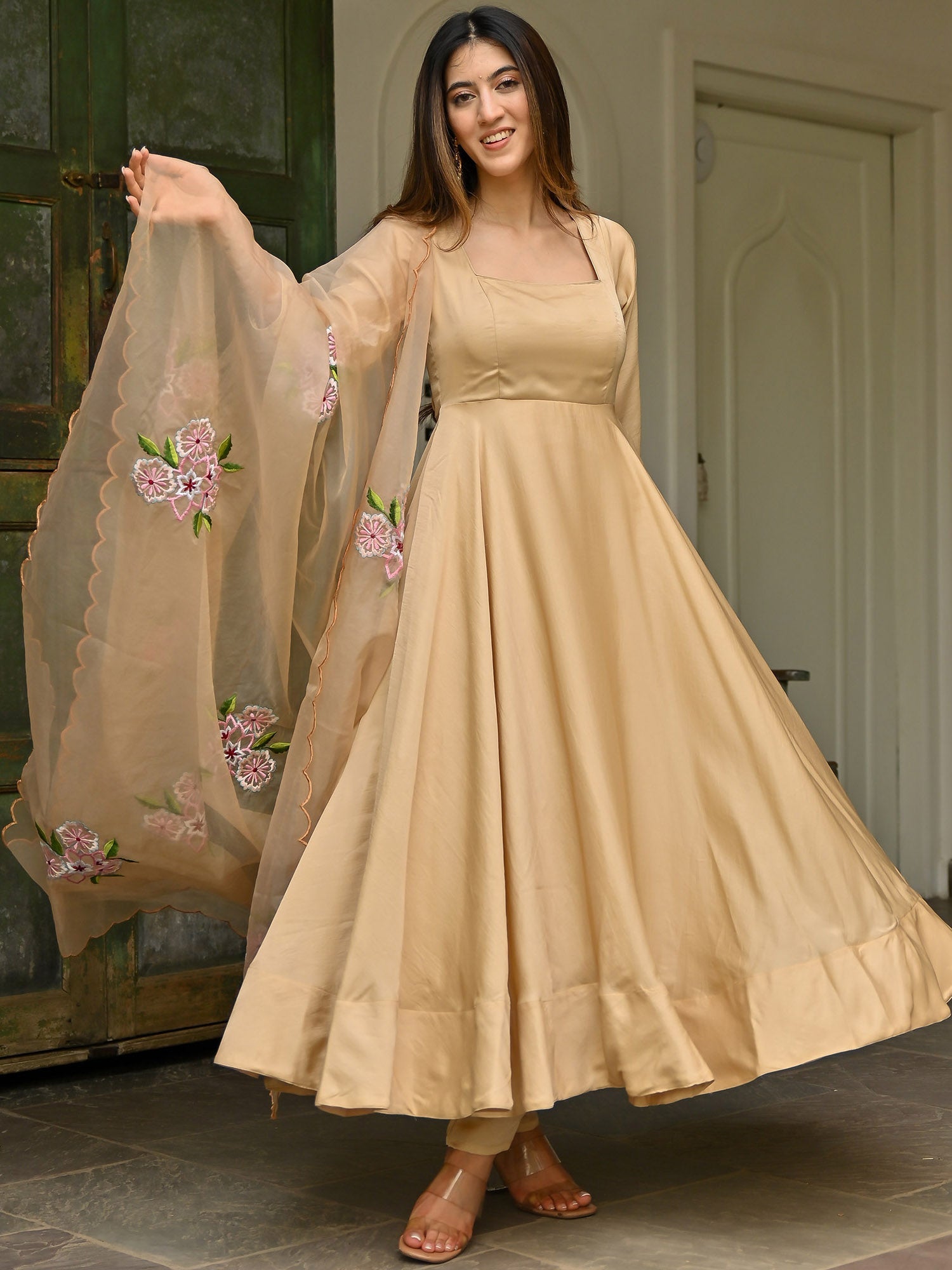 Beige Embroidered Anarkali Set