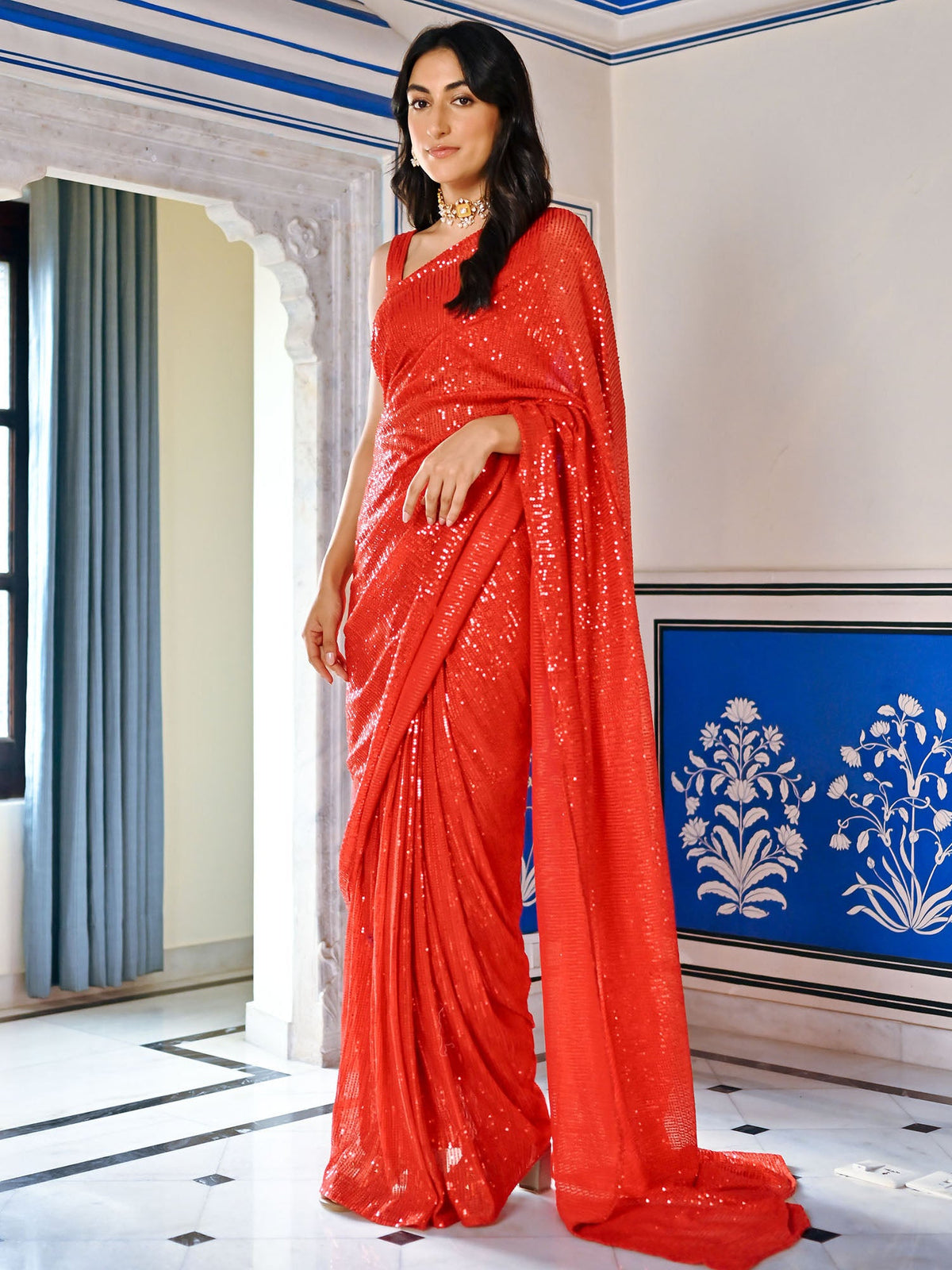 Red Sequin Ready to Wear Saree