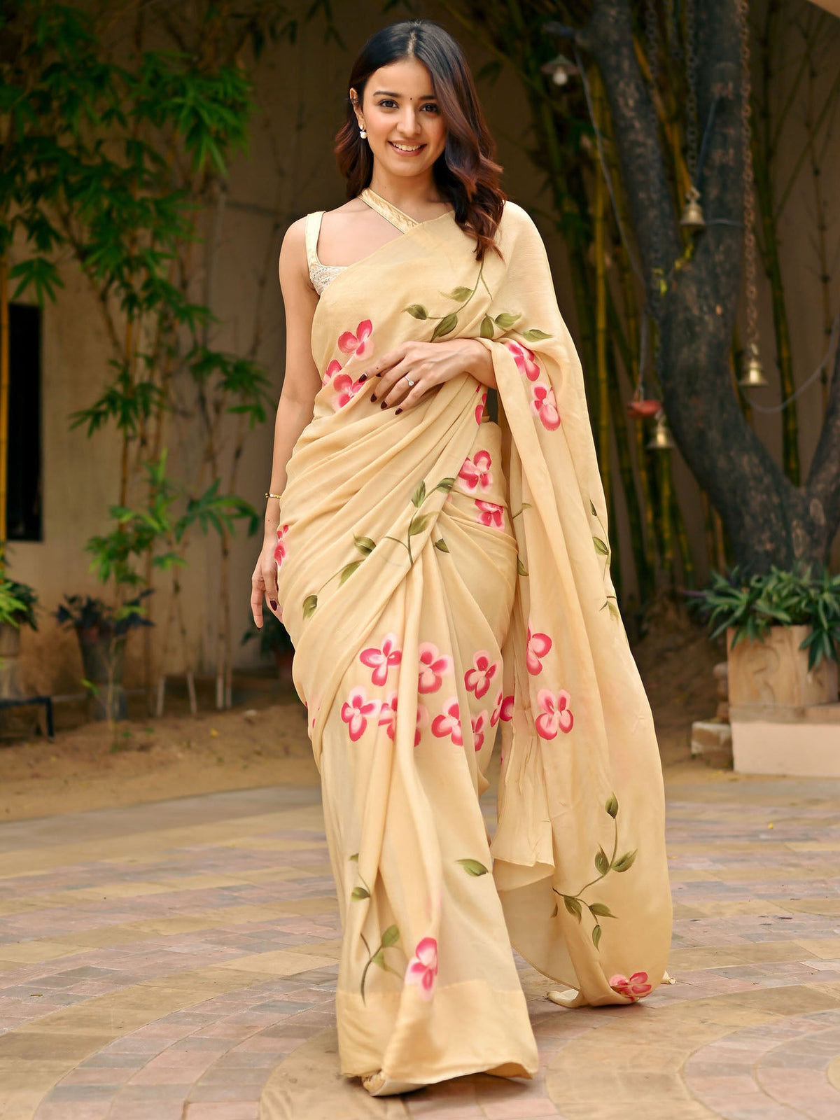 Beige Handbrush Chiffon Saree