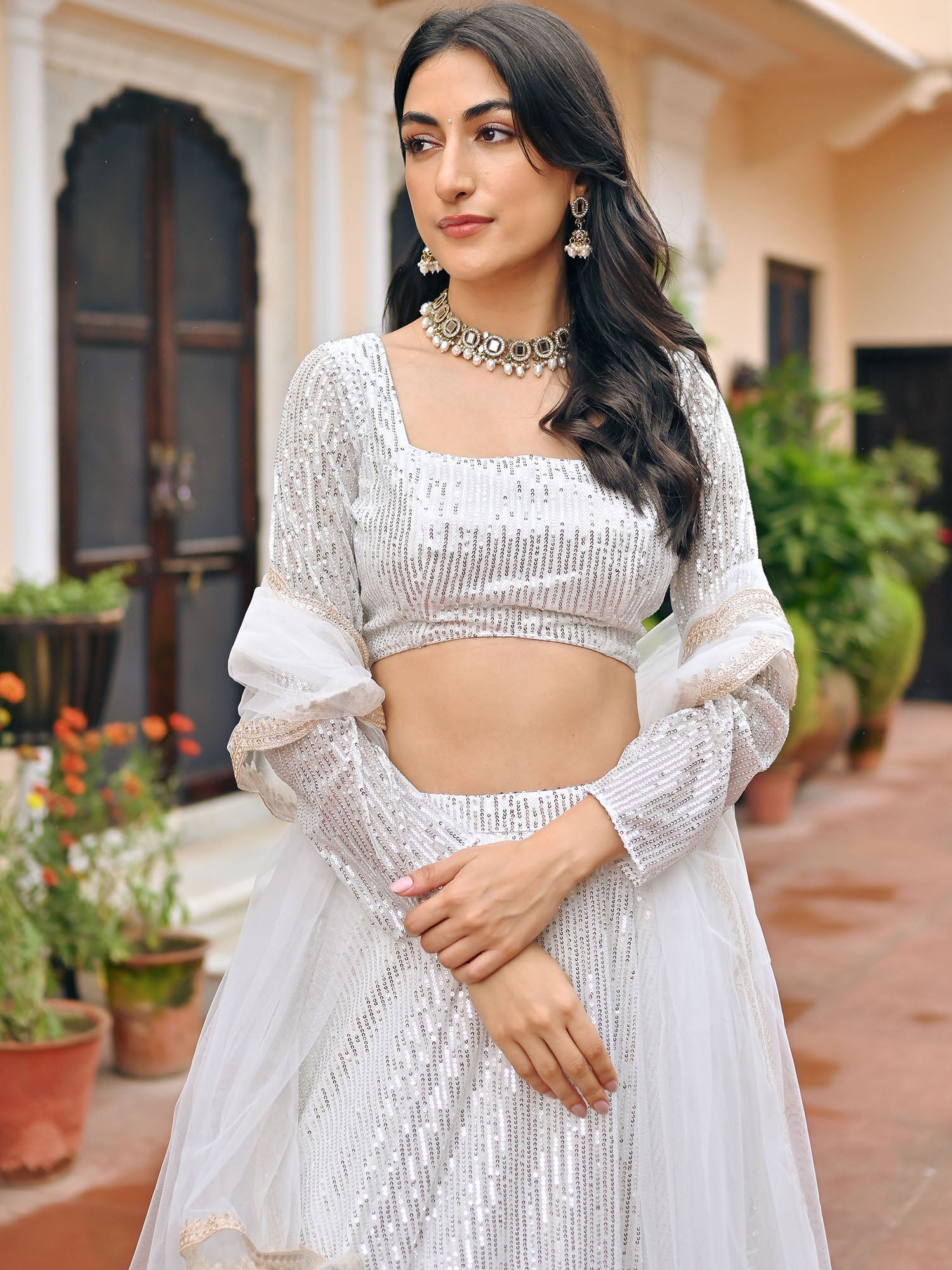 White Sequin Lehenga Set