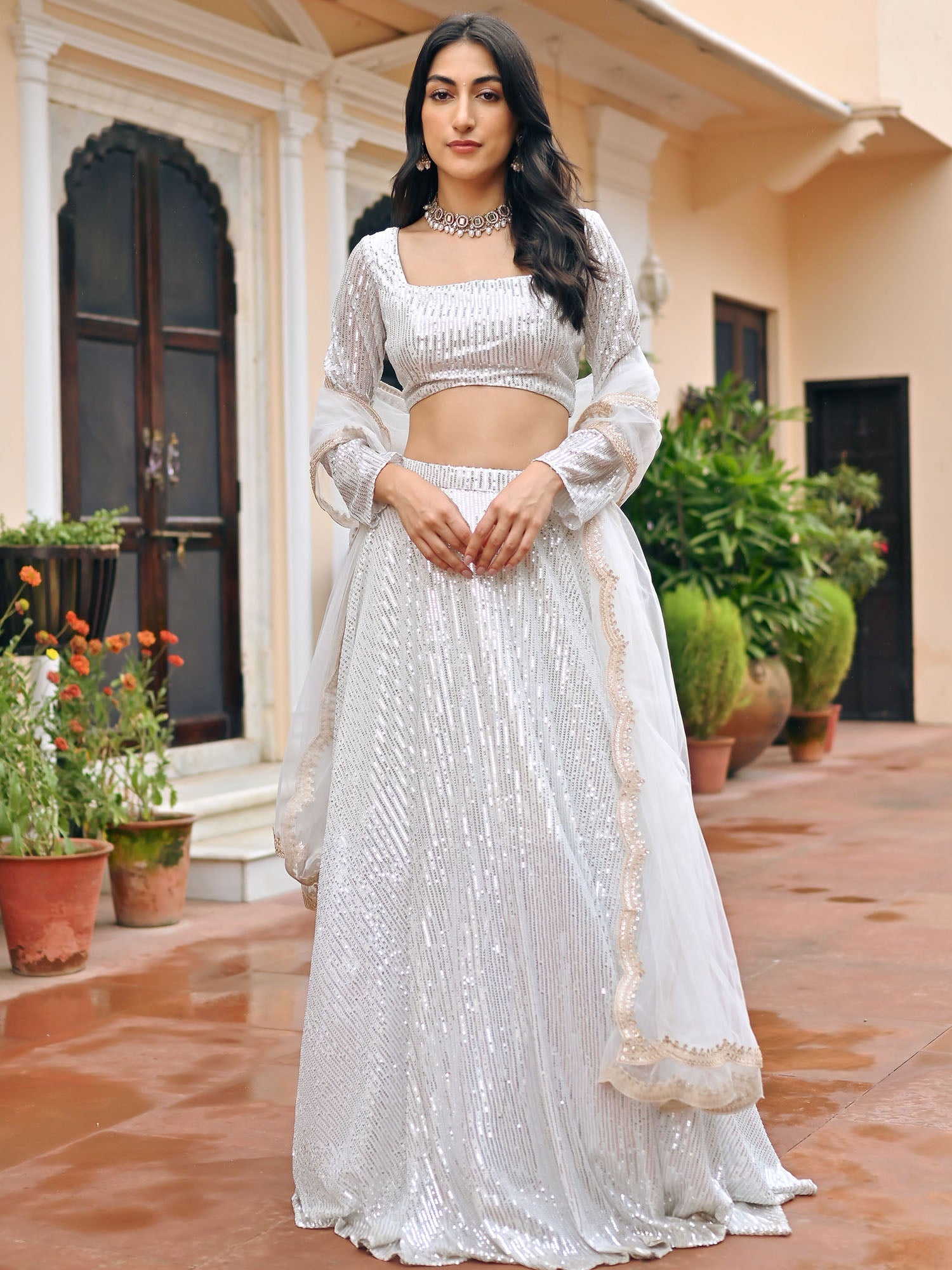 White Sequin Lehenga Set