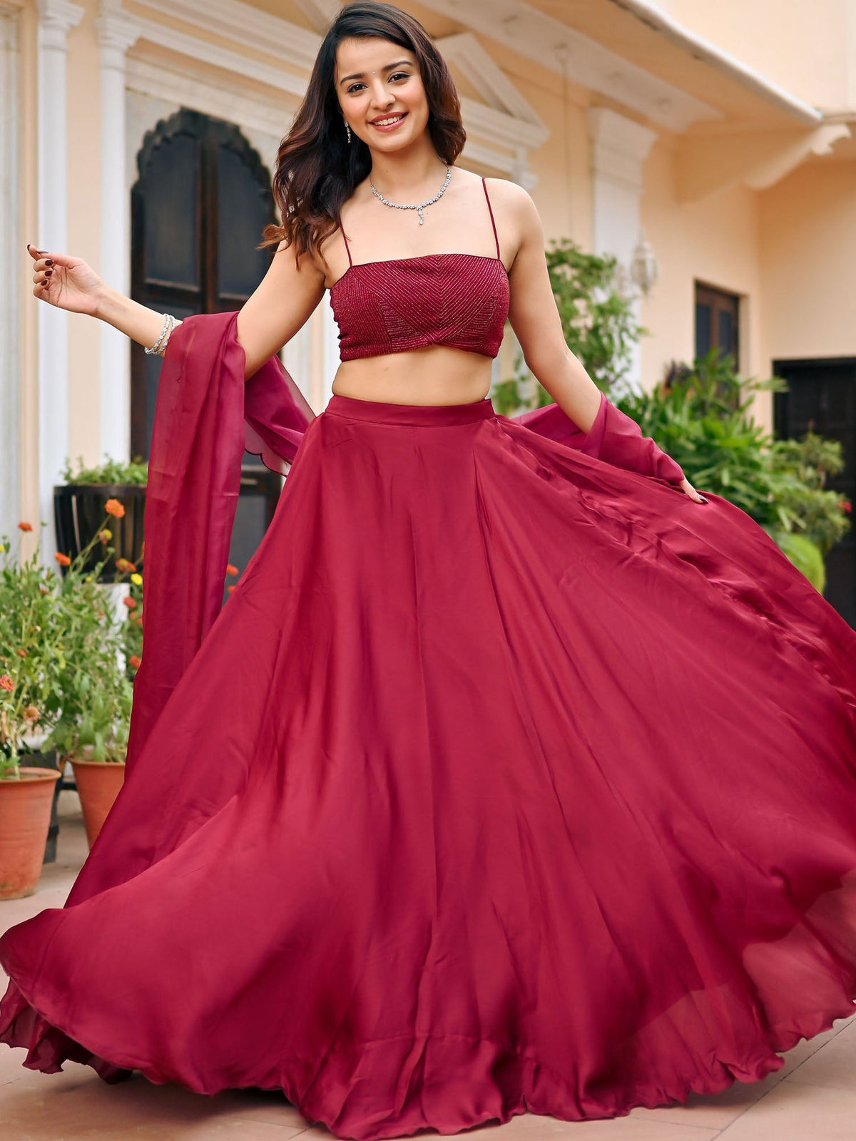 Maroon Handwork Blouse Lehenga Set