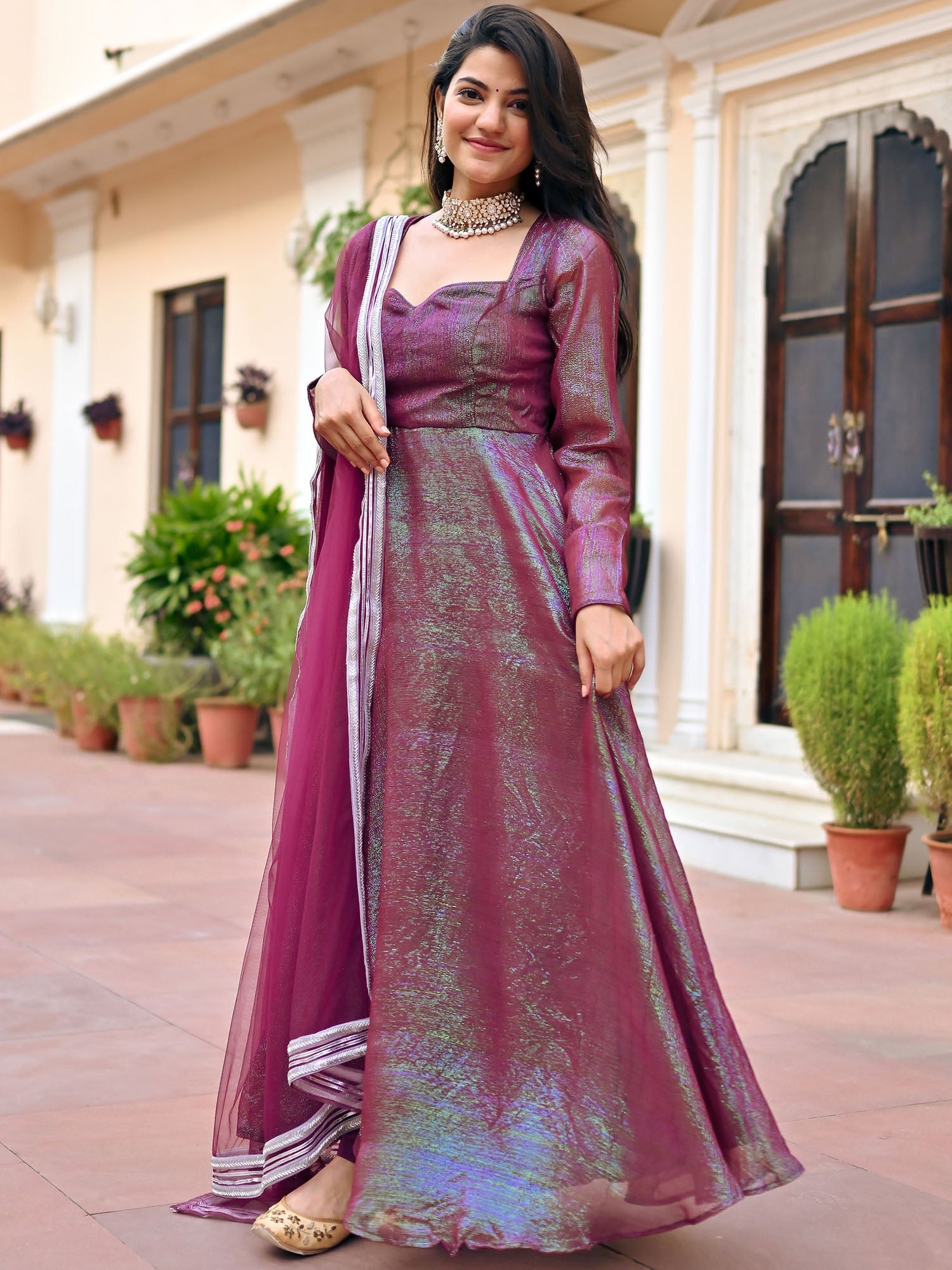 Wine Lurex Anarkali Set