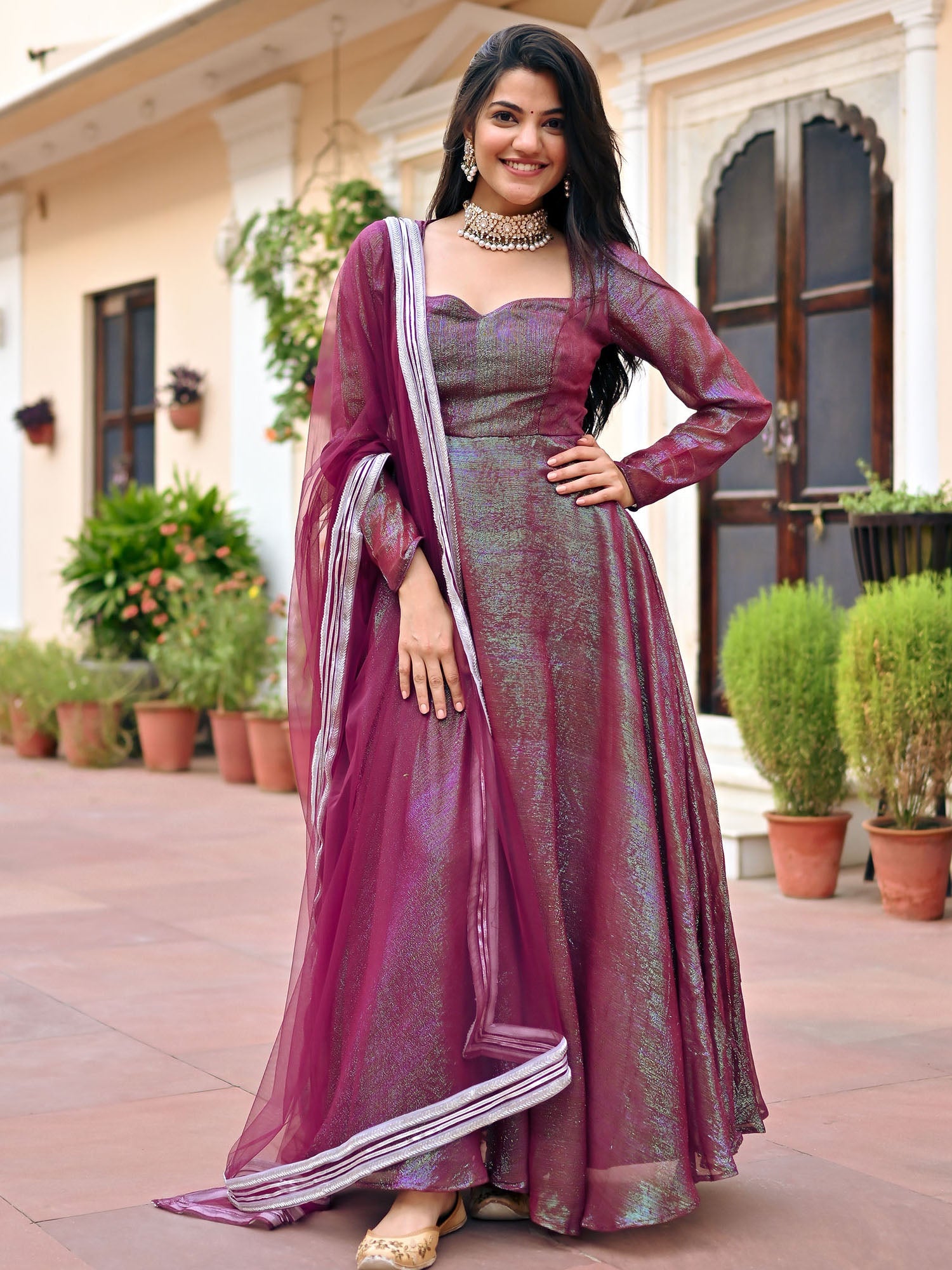 Wine Lurex Anarkali Set