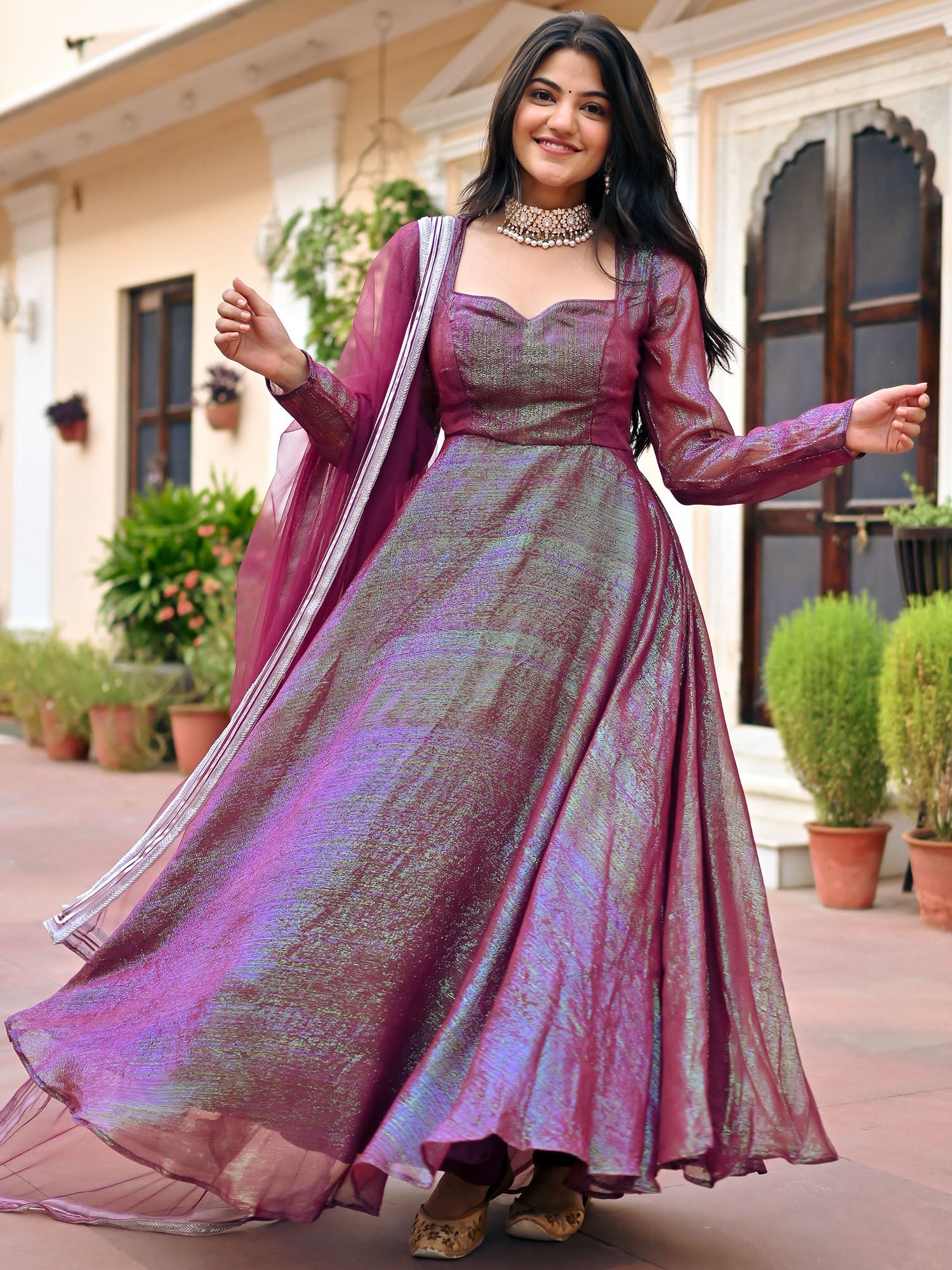 Wine Lurex Anarkali Set