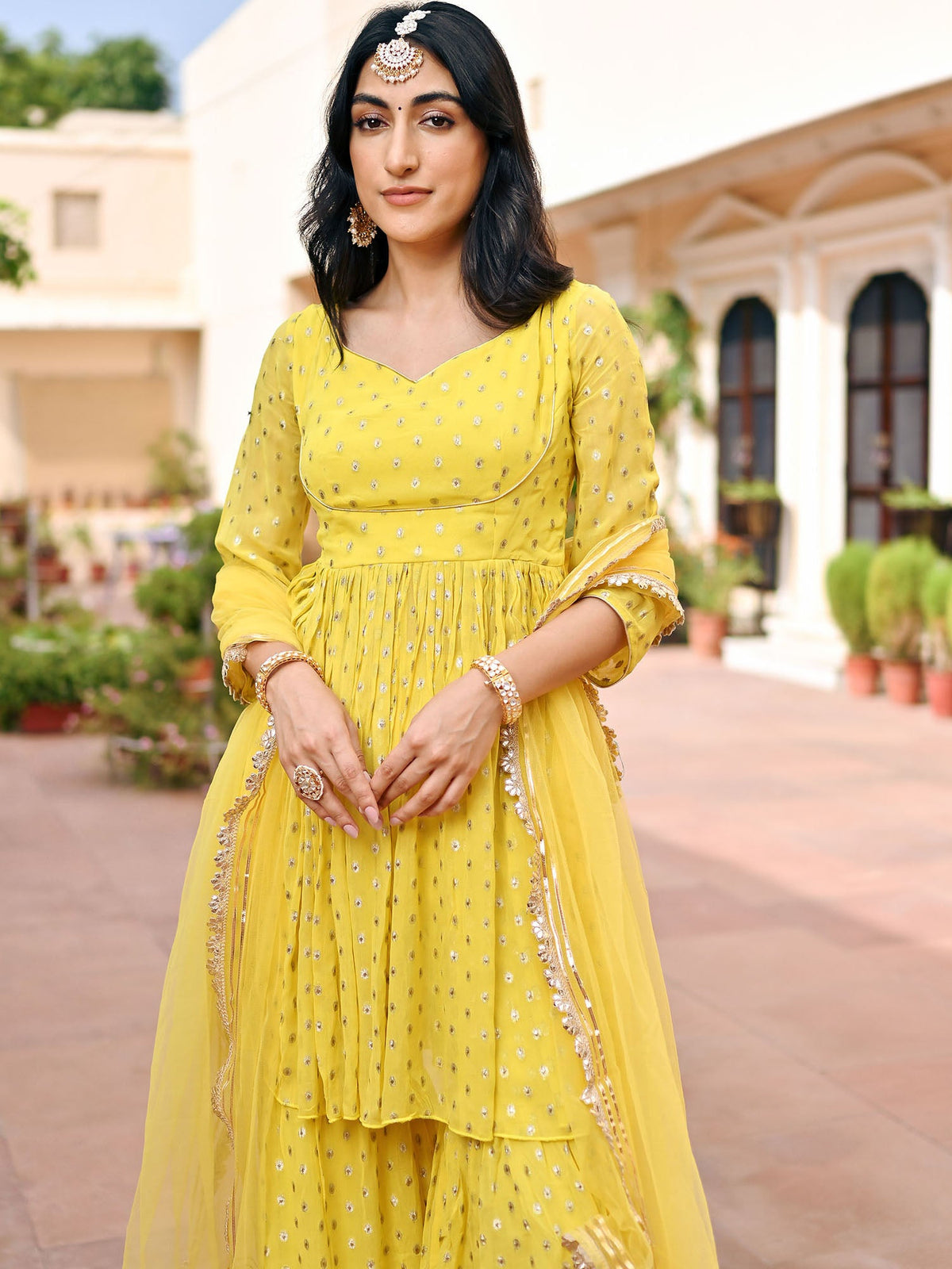 Yellow Georgette Sharara Set