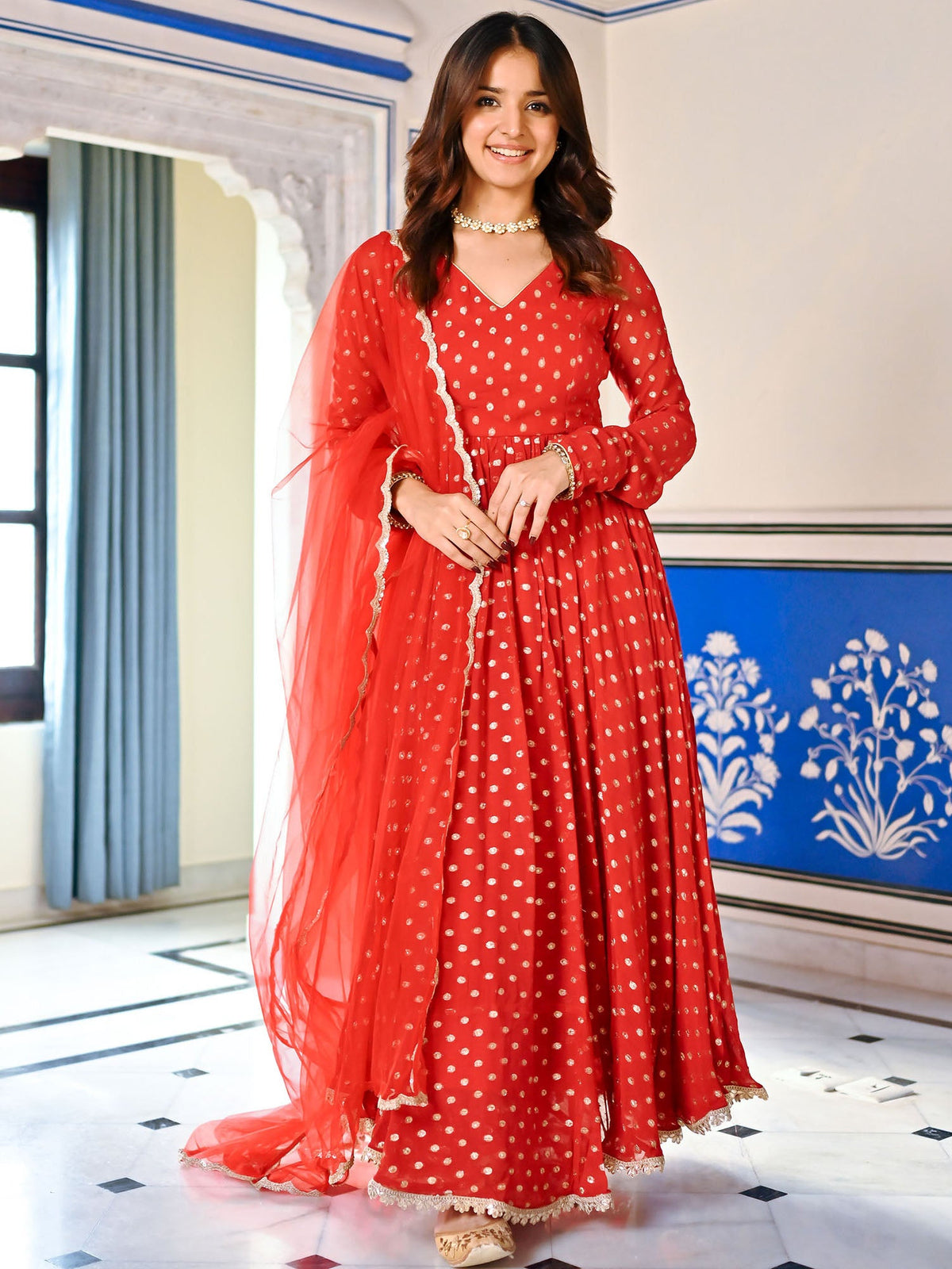 Red Georgette Butti Anarkali Set