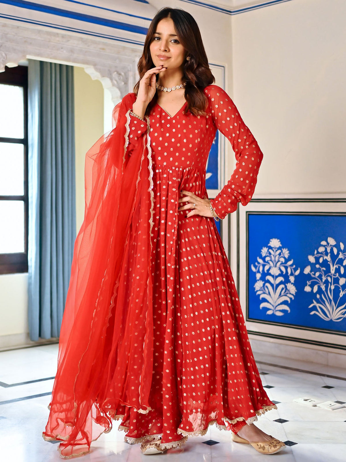 Red Georgette Butti Anarkali Set