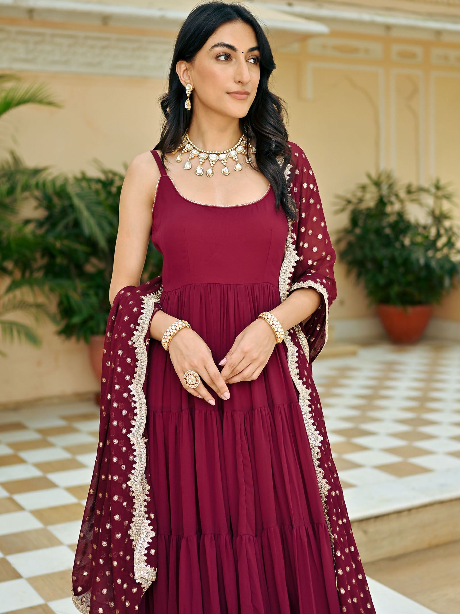 Maroon Solid Anarkali Set