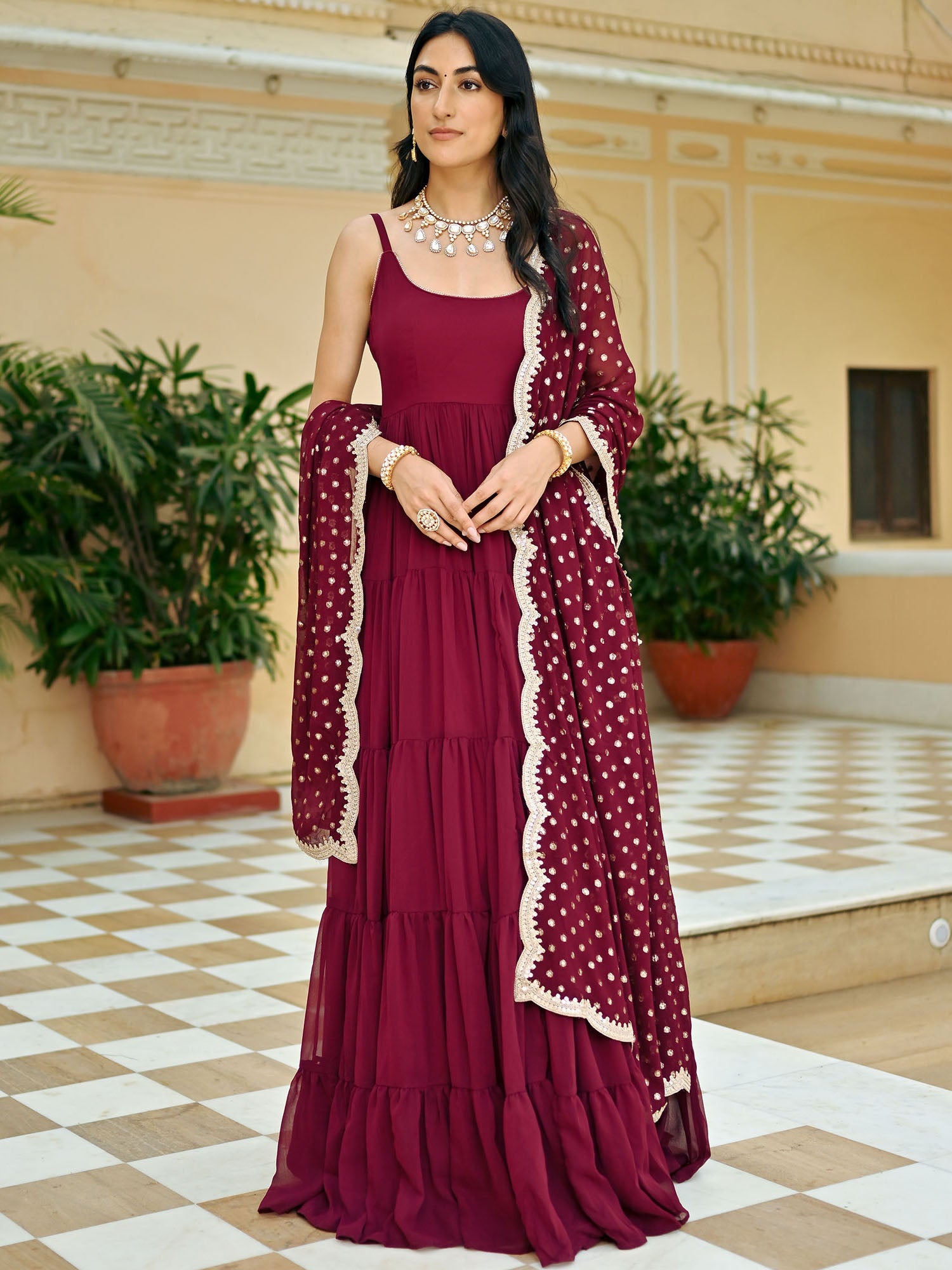 Maroon Solid Anarkali Set