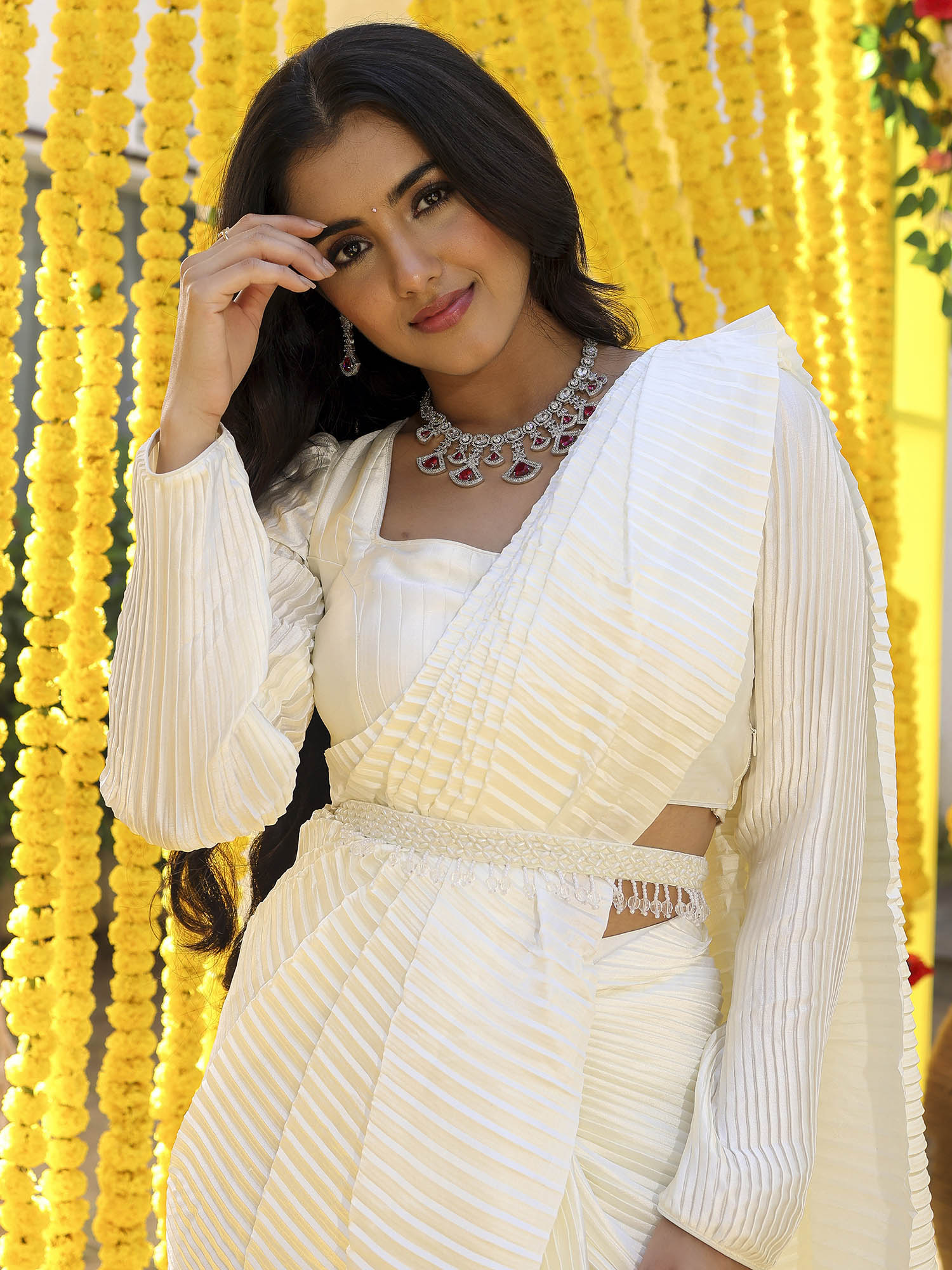 White Pleated Pre-Draped  Saree