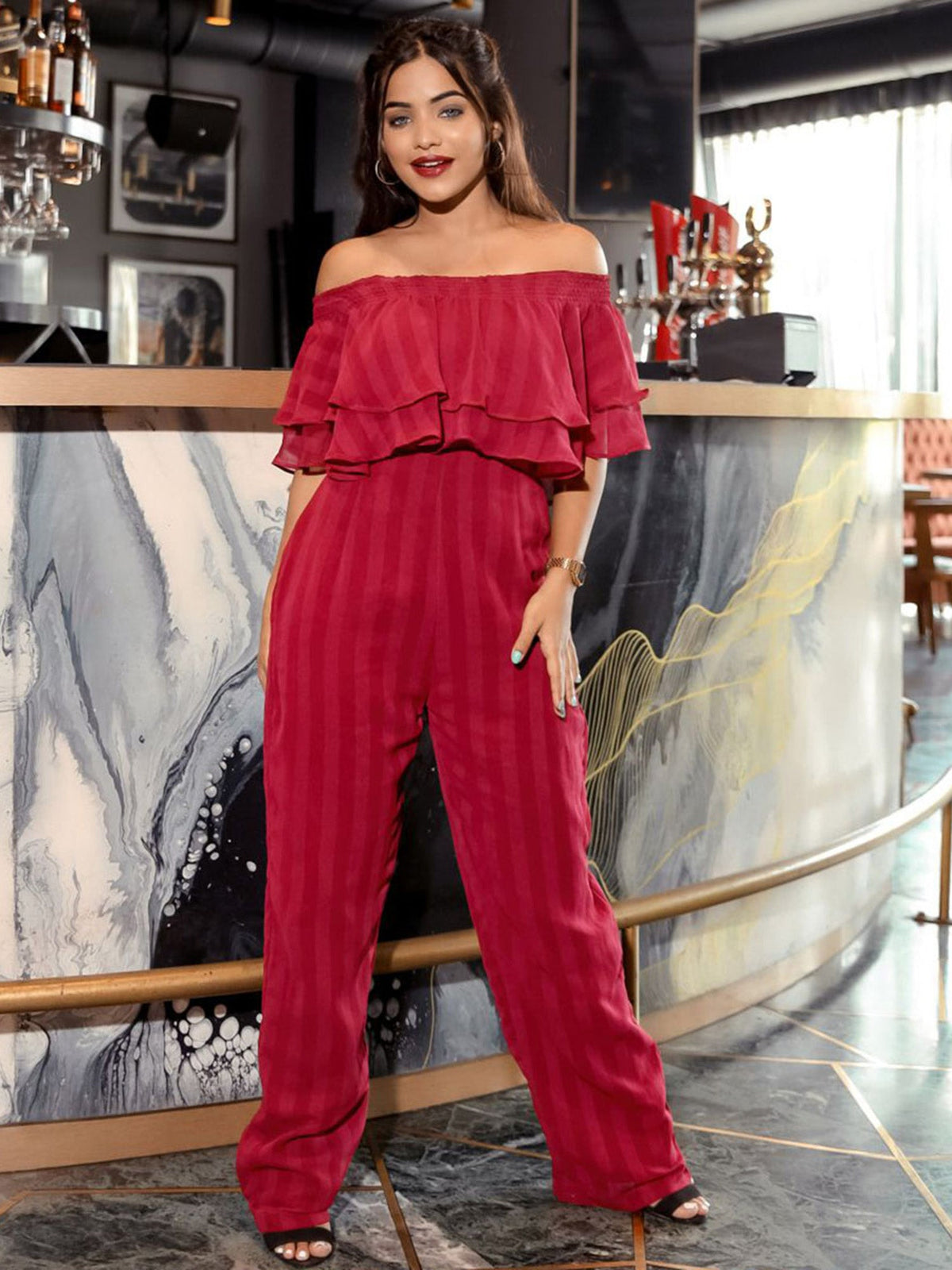 Maroon Off Shoulder Jumpsuit