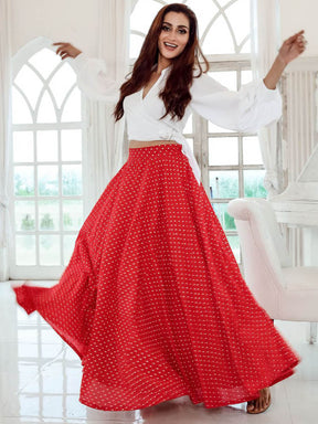 Red Printed Skirt Top Set