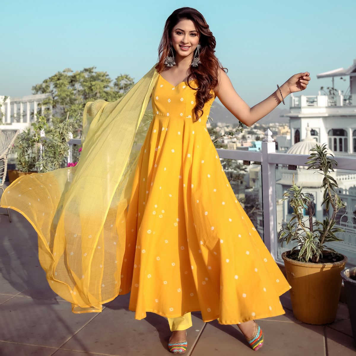 Yellow Bandhej Anarkali Set