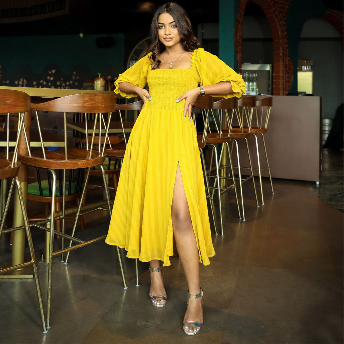 Yellow Chiffon Slit Dress