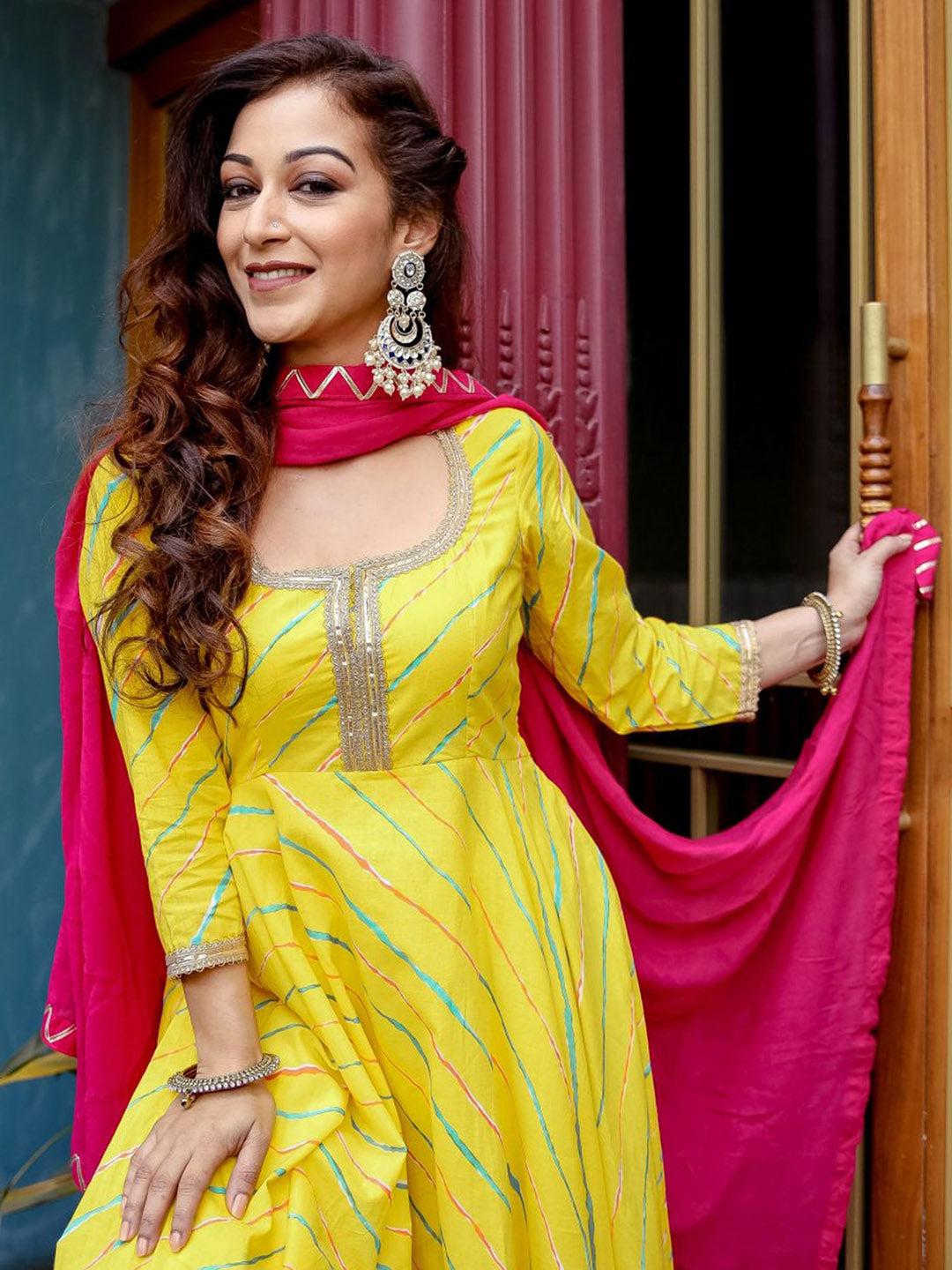 Yellow Leheriya Anarkali Suit Set