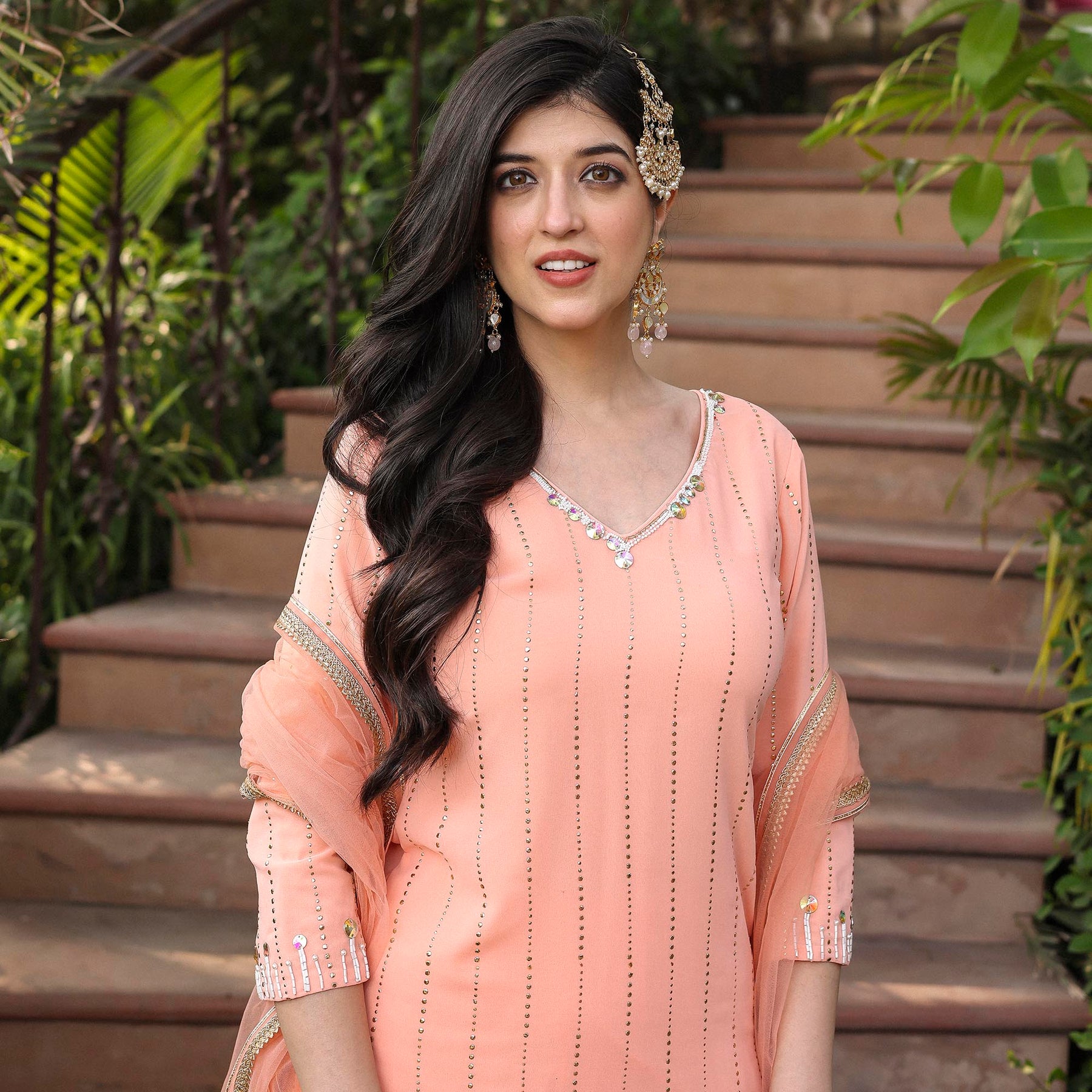 PEACH STRAIGHT MUKAISH KURTA SET