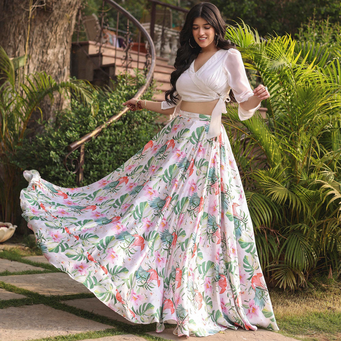 WHITE FLORAL PRINTED SKIRT SET