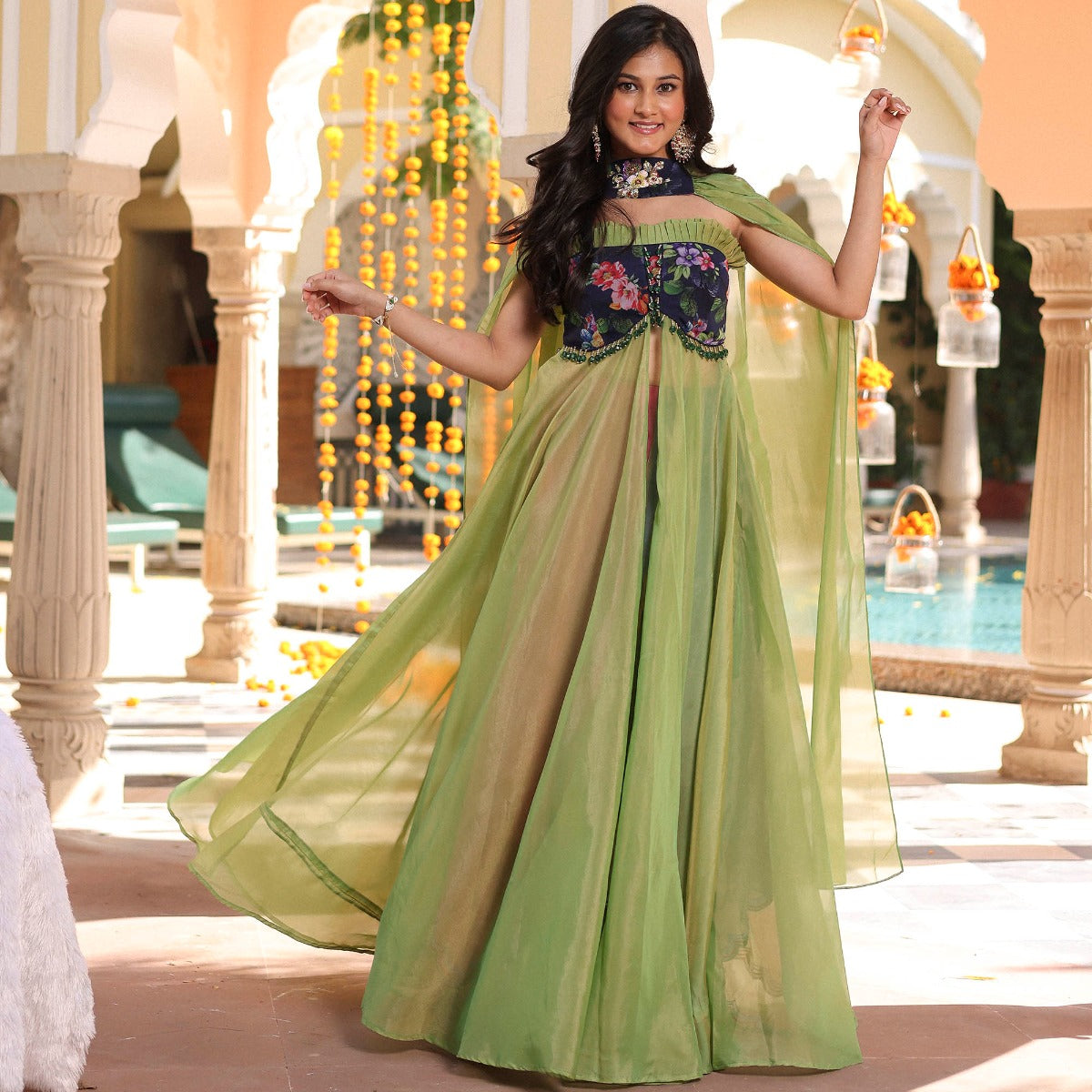 Green Anarkali Multicolor Skirt Set