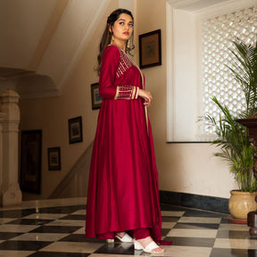 Maroon Silk Long Anarkali Set