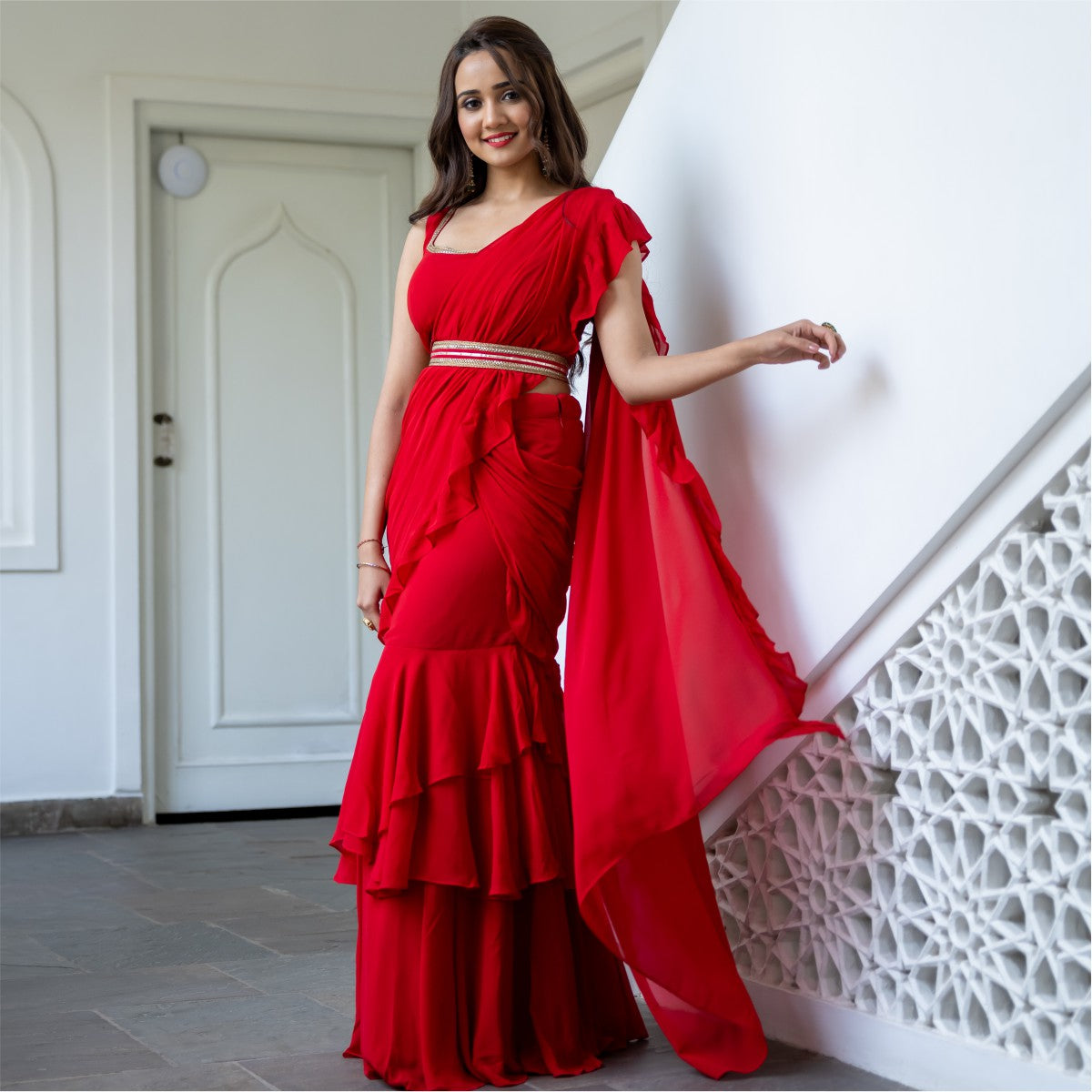 Nirmal Creations Rouge Red Georgette Drape Saree With Heavy