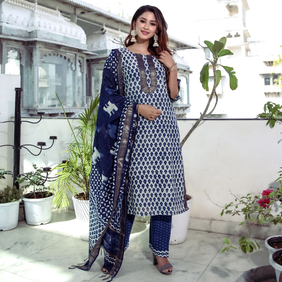 Indigo Cotton Chanderi Kurta Pant