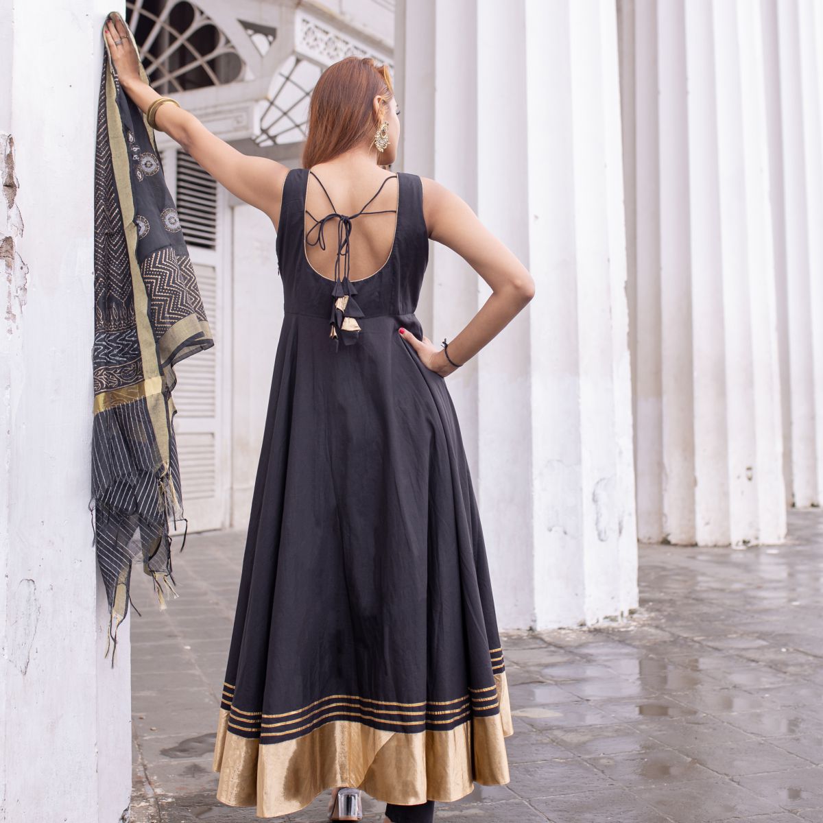 Black Cotton Anarkali Set