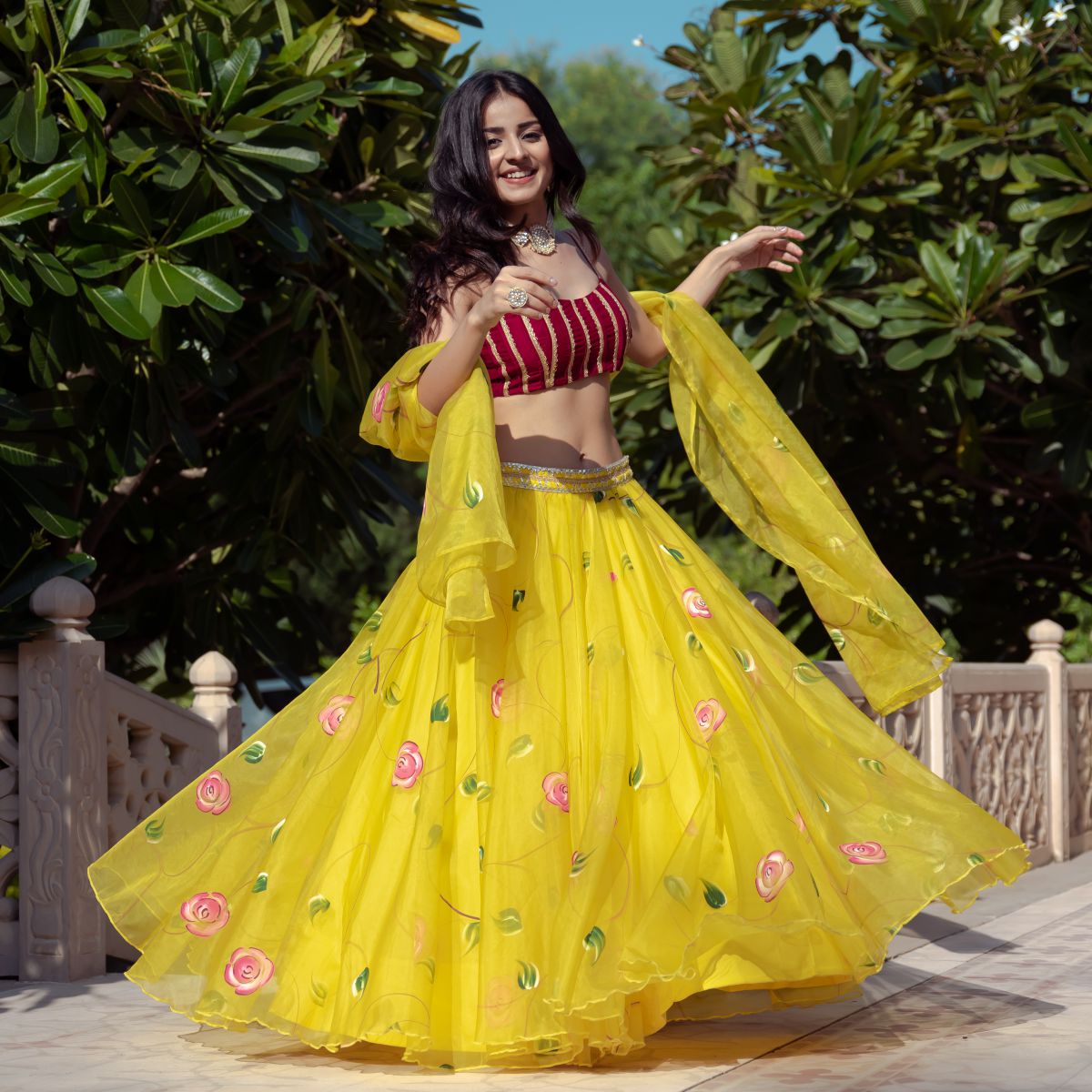 Buy Yellow Organza Embroidered Plunge V Neck Suzy Lehenga Set For Women by  Dolly J Online at Aza Fashions.