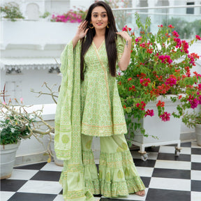 Green Cotton Printed Peplum and Sharara Set