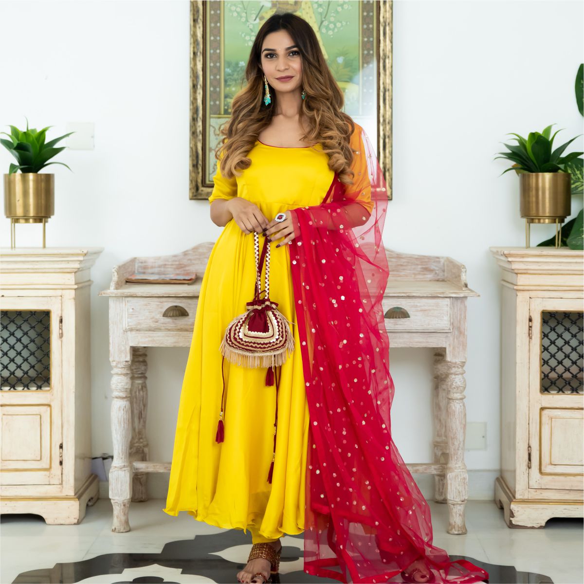 Yellow & Pink Silk Anarkali Set