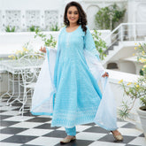 Blue Chikankari Flared Anarkali and Pant Set